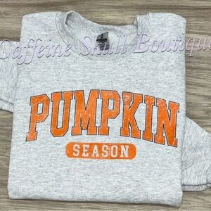 Gildan Gray Sweatshirt with Orange Print saying pumpkin season